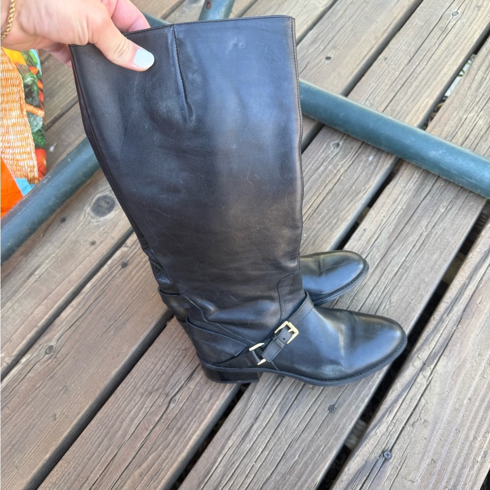 Black Knee-High Ralph Lauren Leather Boots with Buckle